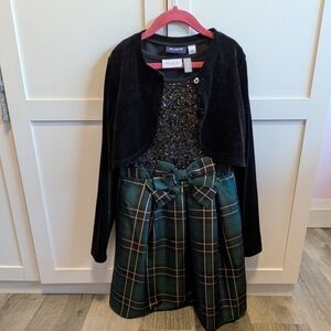 The Children's Place Black Velvet Shrug with Green Plaid Dress With Sequins